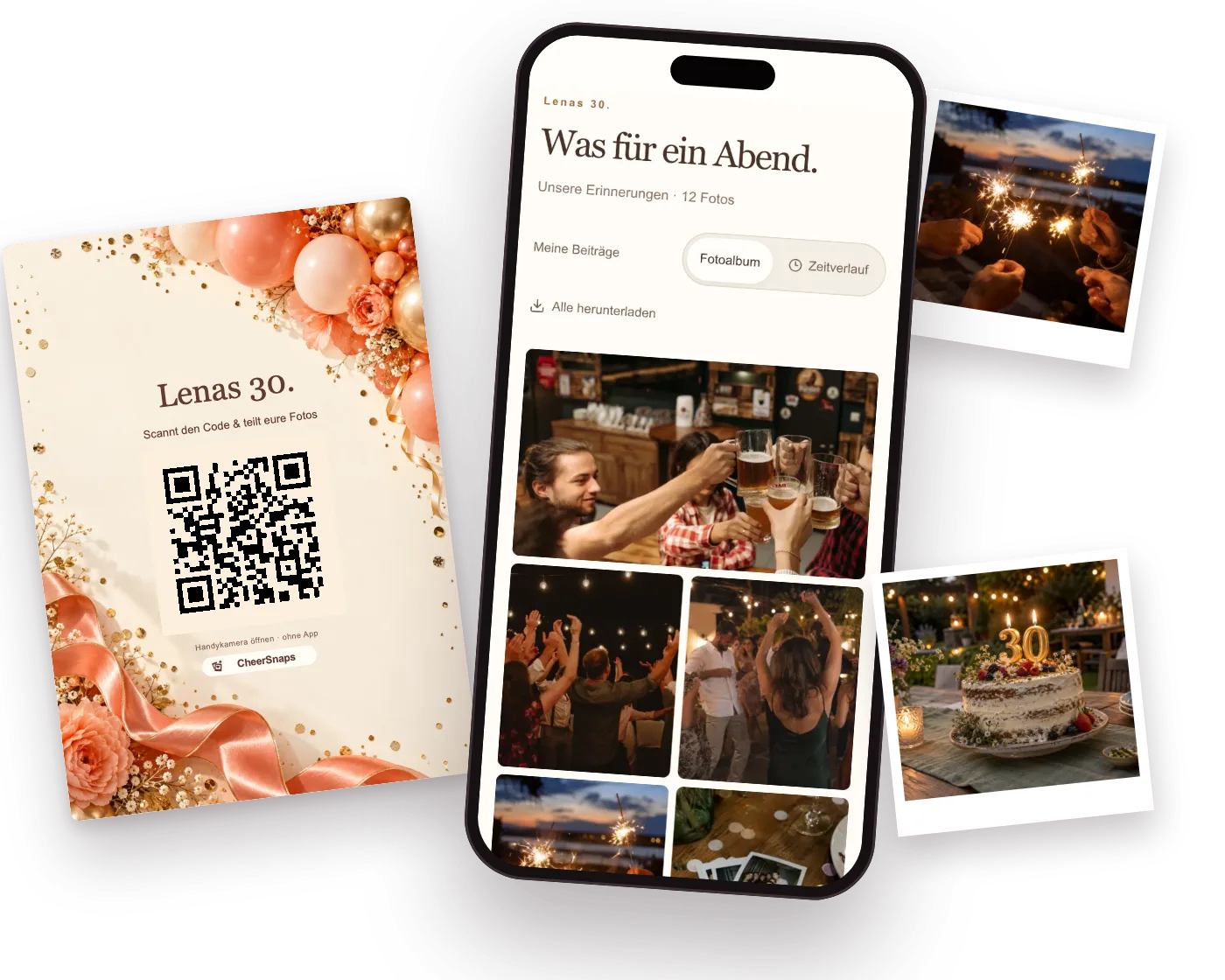 Tischkarte mit QR-Code neben einem Handy mit dem gemeinsamen Fotoalbum der Gäste