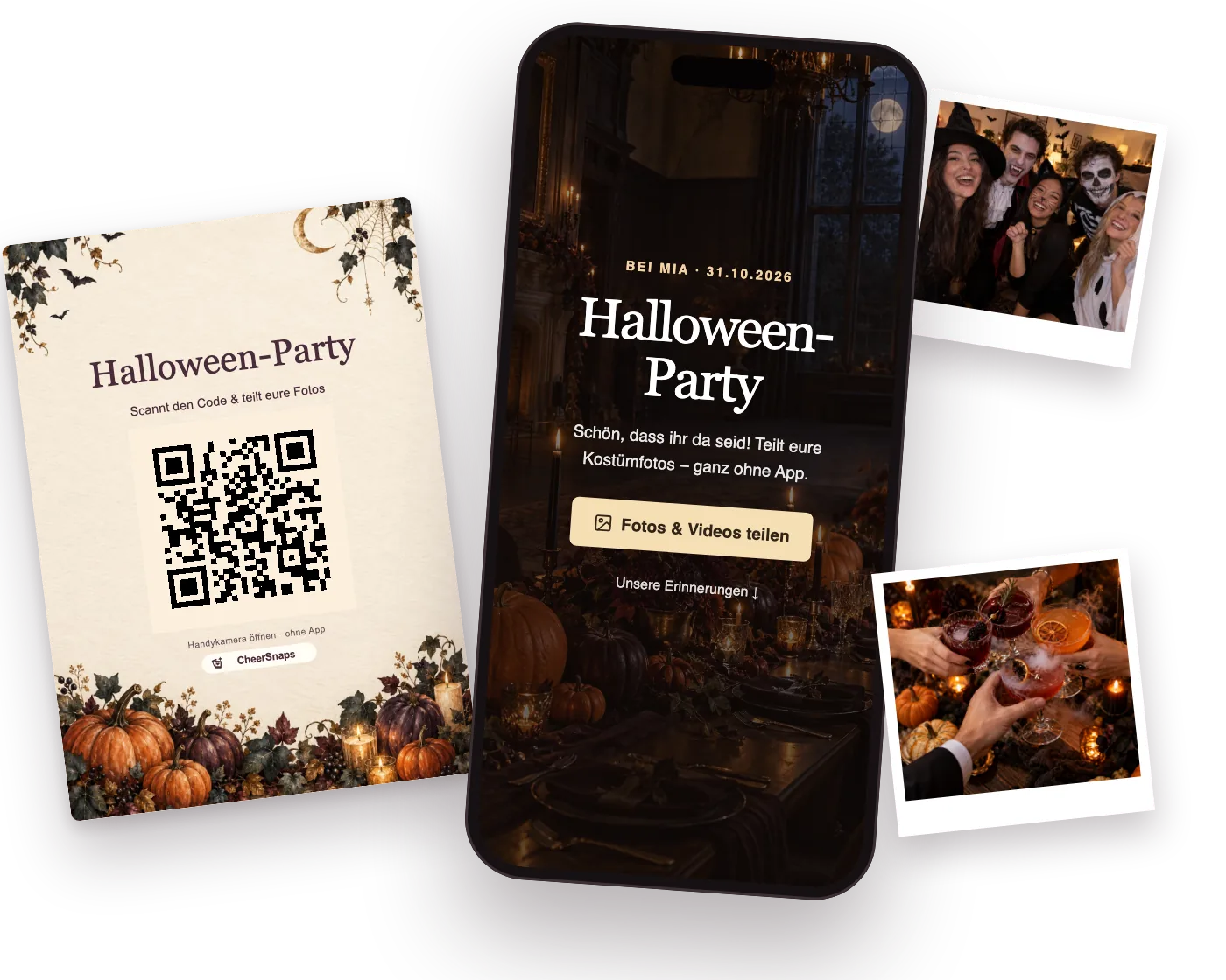 Halloween-Tischkarte „Halloween-Party“ mit QR-Code neben einem Handy, auf dem das gemeinsame Fotoalbum der Party geöffnet ist