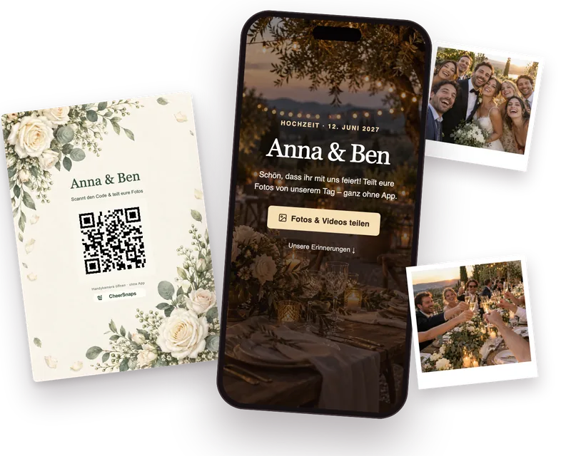 Tischkarte „Anna & Ben“ mit QR-Code neben einem Handy mit dem Hochzeitsalbum