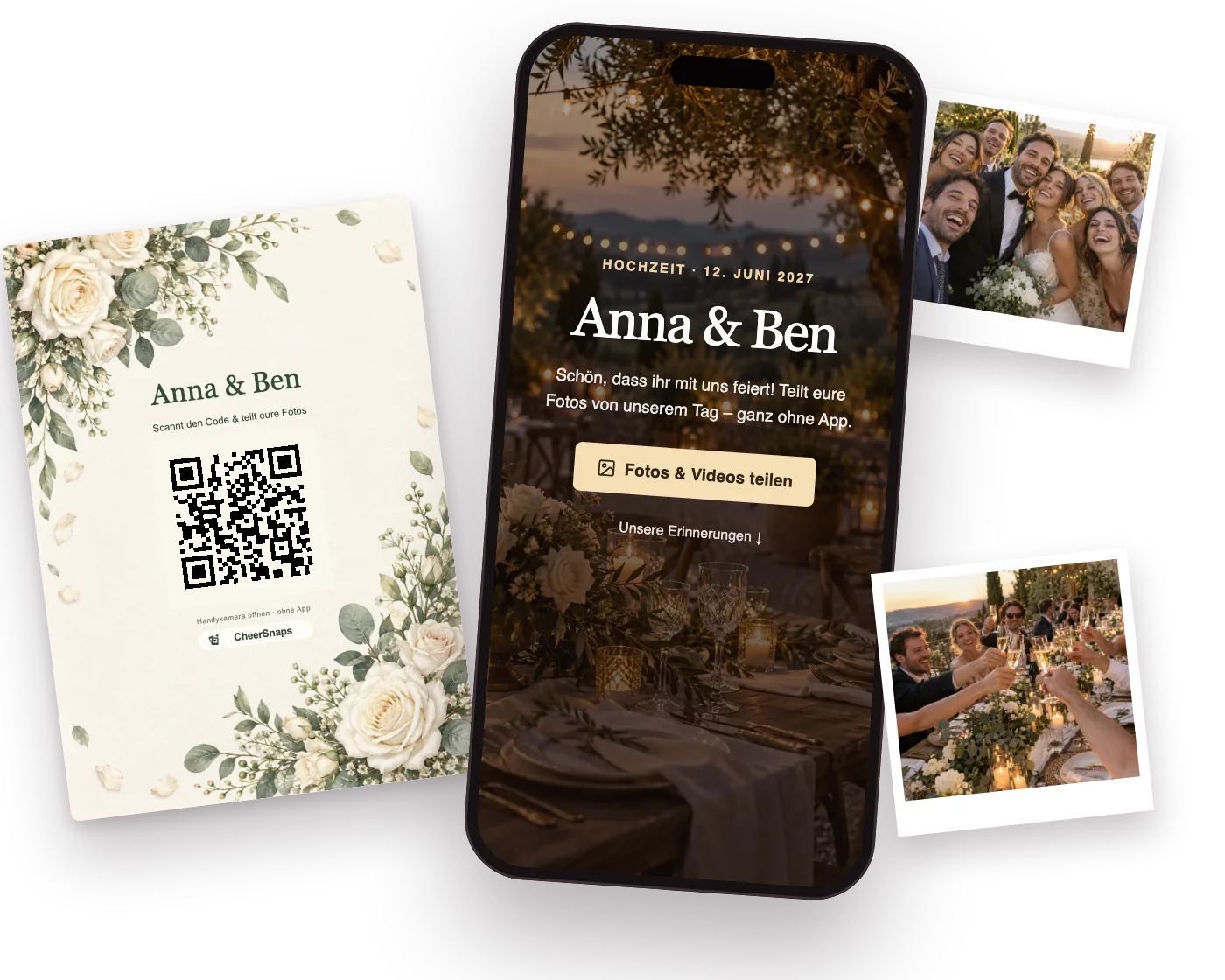 Hochzeits-Tischkarte „Anna & Ben“ mit QR-Code neben einem Handy, auf dem das gemeinsame Fotoalbum der Hochzeit geöffnet ist