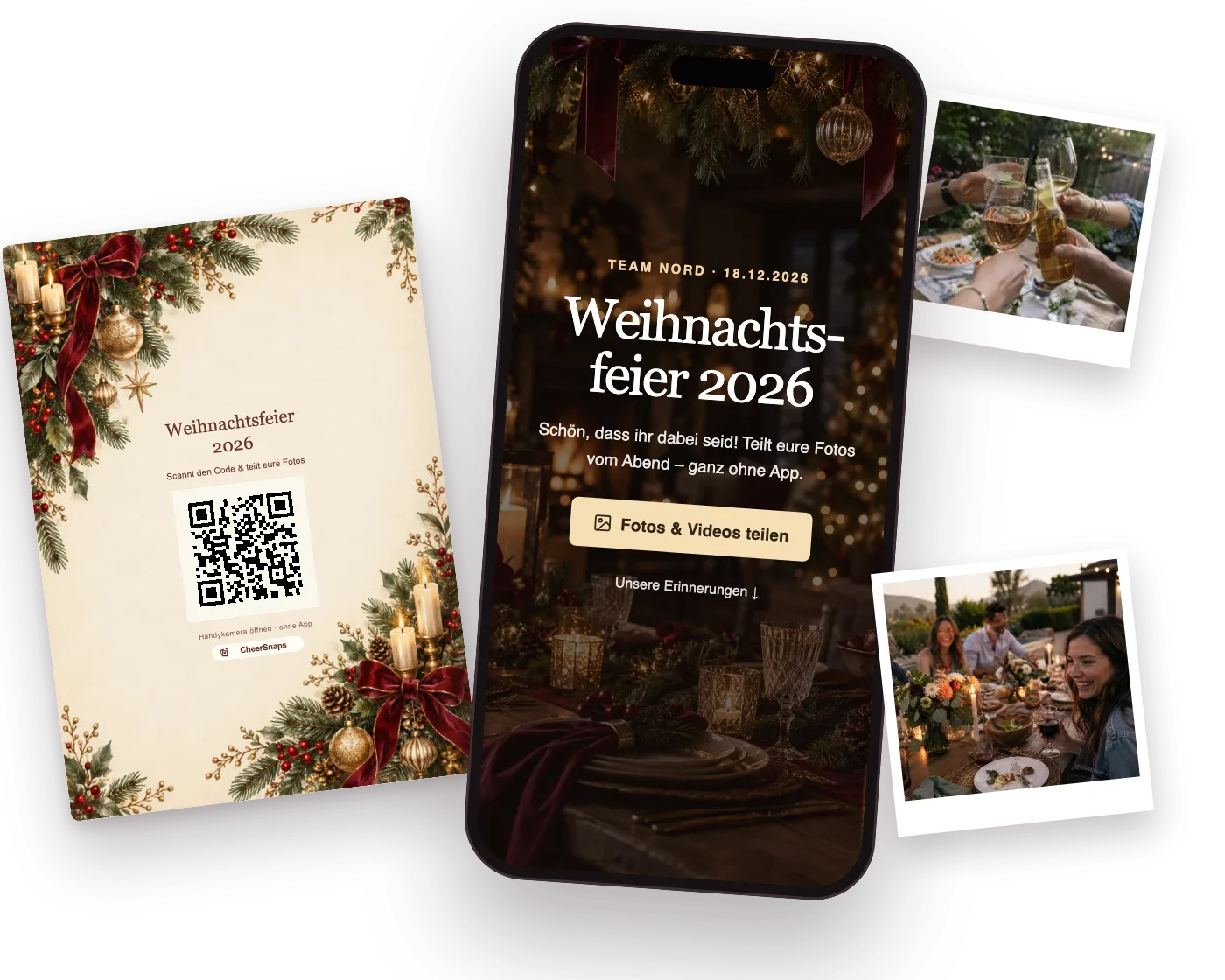 Weihnachtliche Tischkarte „Weihnachtsfeier 2026“ mit QR-Code neben einem Handy, auf dem das gemeinsame Fotoalbum der Feier geöffnet ist