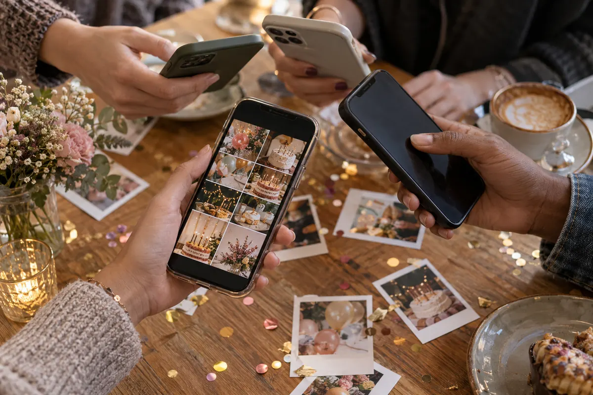 Mehrere Hände mit Handys über einem Café-Tisch, auf einem Bildschirm eine Fotogalerie