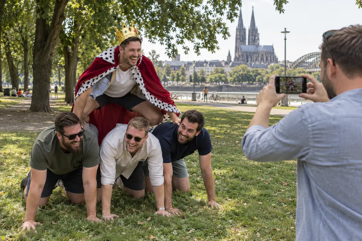 Freunde bilden im Park eine menschliche Pyramide, oben der Bräutigam mit Krone und Umhang