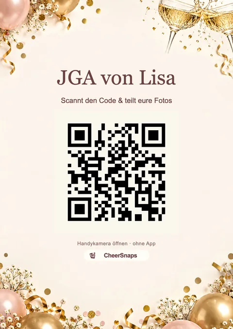 Tischkarte „JGA von Lisa“ im Design „Sektlaune“ mit QR-Code